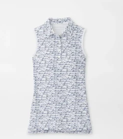 Banded Sport Mesh Birdie Print Sleeveless Button Polo